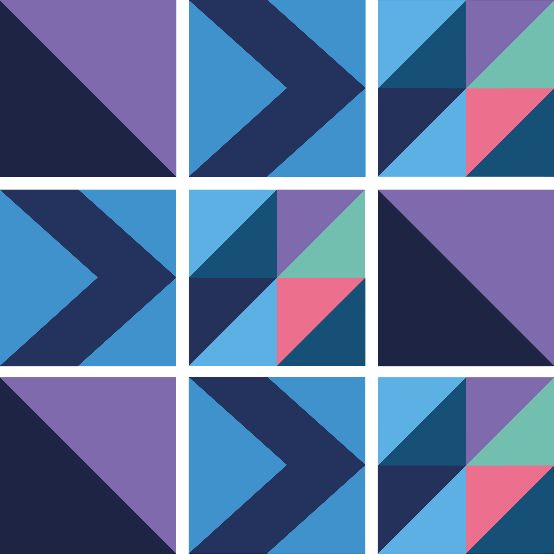 Grid of colourful squares with triangles in them